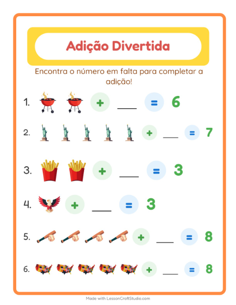 Pré-visualização da ficha de Adição com 4 de Julho para Educação infantil (pré-escola, 5-7 anos)