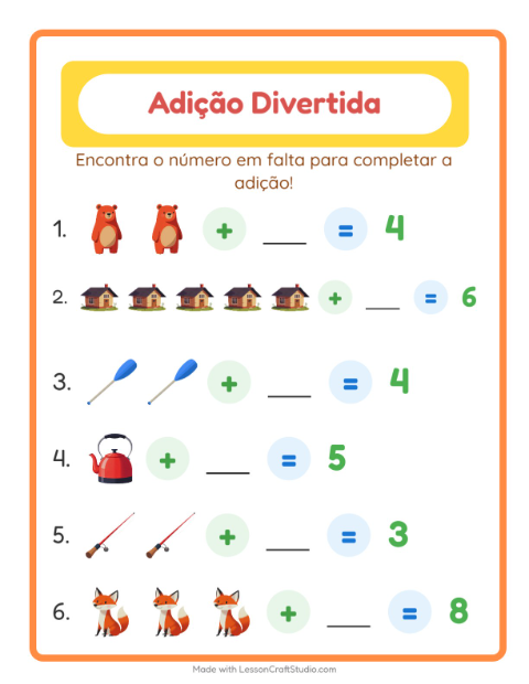 Pré-visualização da ficha de Adição com Acampamento para Educação infantil (pré-escola, 5-7 anos)