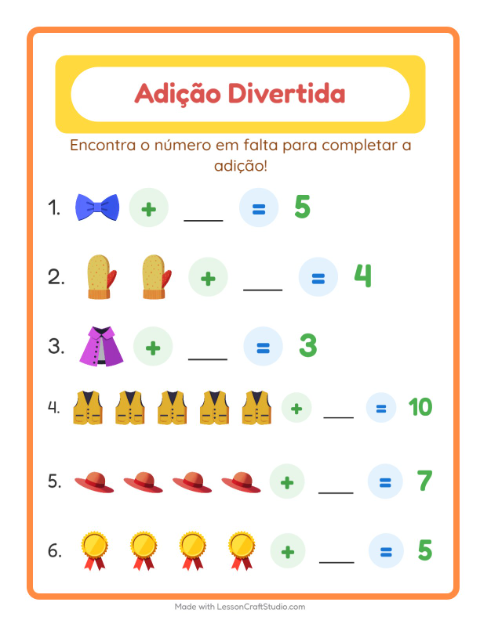 Pré-visualização da ficha de Adição com Acessórios para Educação infantil (pré-escola, 5-7 anos)