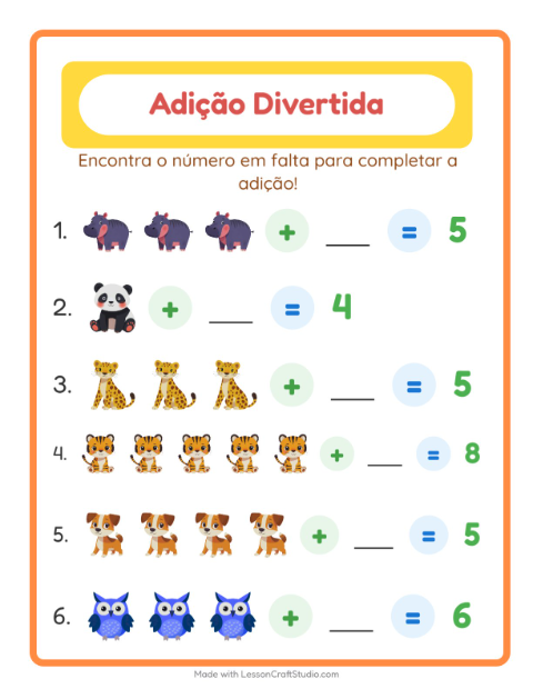 Pré-visualização da ficha de Adição com Animais para Educação infantil (pré-escola, 5-7 anos)