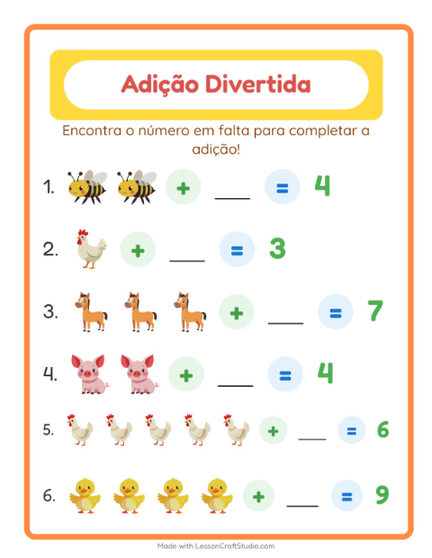 Pré-visualização da ficha de Adição com Animais da fazenda para Educação infantil (pré-escola, 5-7 anos)