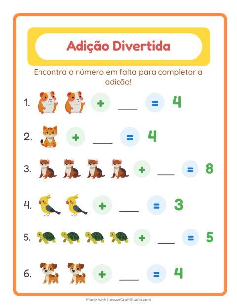 Pré-visualização da ficha de Adição com Animais de estimação para Educação infantil (pré-escola, 5-7 anos)