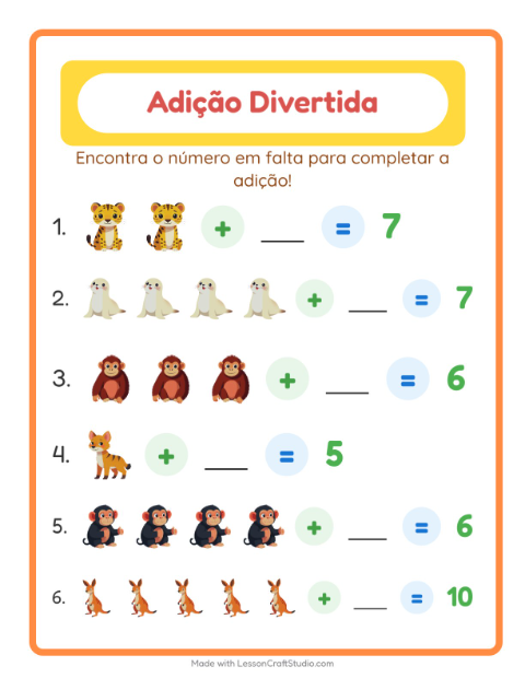 Pré-visualização da ficha de Adição com Animais do zoológico para Educação infantil (pré-escola, 5-7 anos)