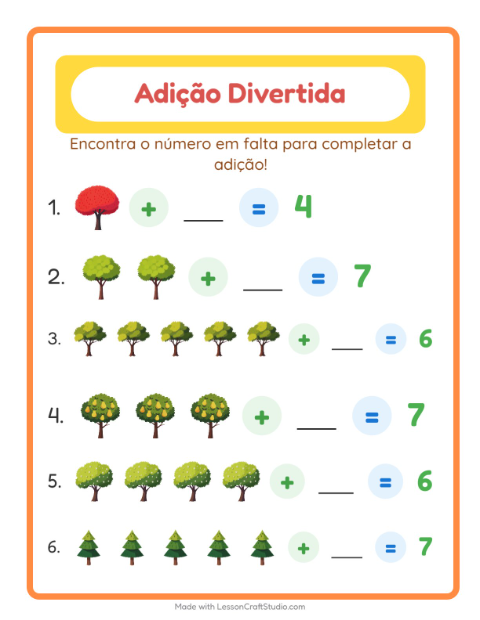 Pré-visualização da ficha de Adição com Árvores para Educação infantil (pré-escola, 5-7 anos)