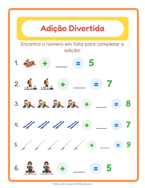 Pré-visualização da ficha de Adição com Atividades para Educação infantil (pré-escola, 5-7 anos)