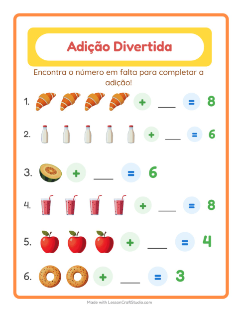 Pré-visualização da ficha de Adição com Café da manhã para Educação infantil (pré-escola, 5-7 anos)