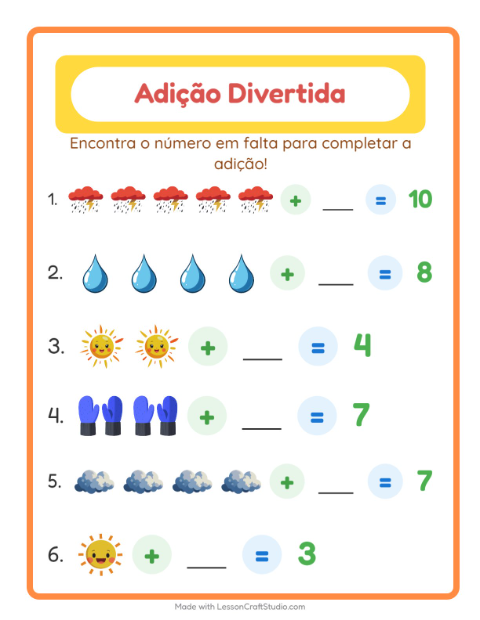 Pré-visualização da ficha de Adição com Clima para Educação infantil (pré-escola, 5-7 anos)