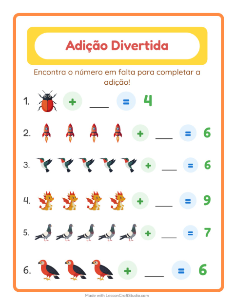 Pré-visualização da ficha de Adição com Coisas que voam para Educação infantil (pré-escola, 5-7 anos)