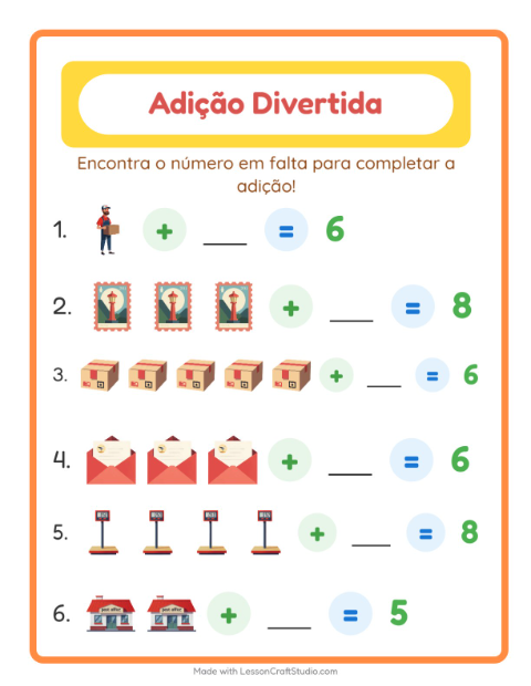 Pré-visualização da ficha de Adição com Correios para Educação infantil (pré-escola, 5-7 anos)