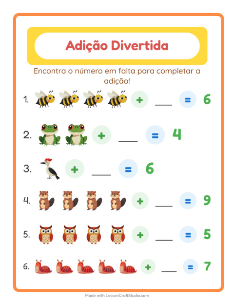 Pré-visualização da ficha de Adição com Criaturas da floresta para Educação infantil (pré-escola, 5-7 anos)