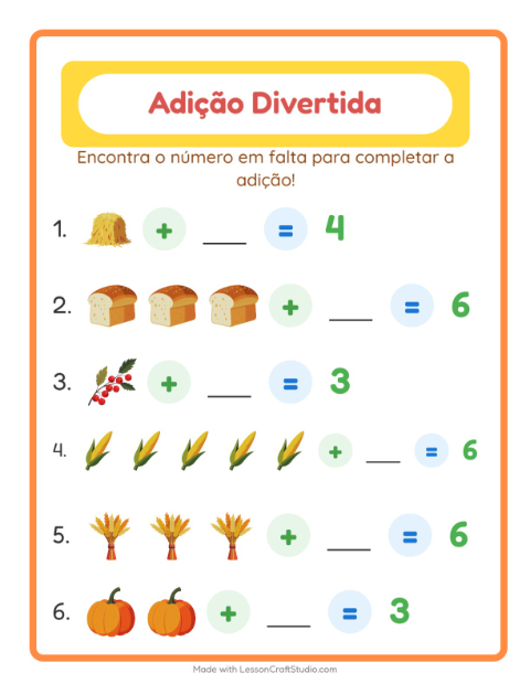 Pré-visualização da ficha de Adição com Dia de Ação de Graças para Educação infantil (pré-escola, 5-7 anos)