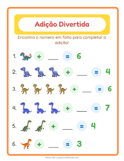 Pré-visualização da ficha de Adição com Dinossauros para Educação infantil (pré-escola, 5-7 anos)