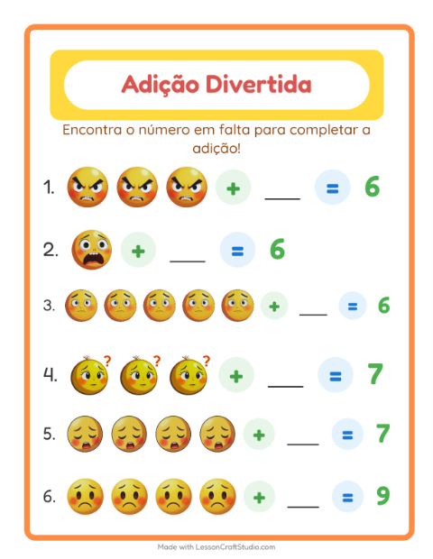 Pré-visualização da ficha de Adição com Emoções para Educação infantil (pré-escola, 5-7 anos)