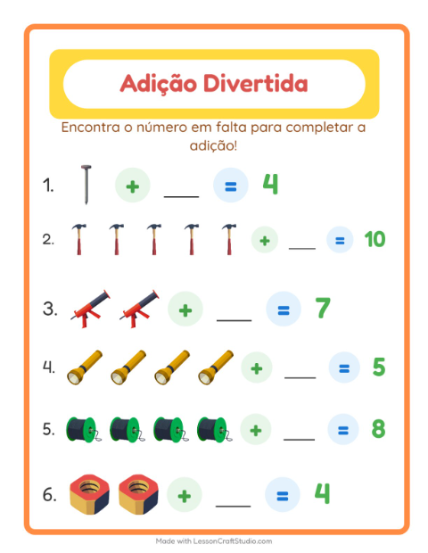 Pré-visualização da ficha de Adição com Ferramentas para Educação infantil (pré-escola, 5-7 anos)
