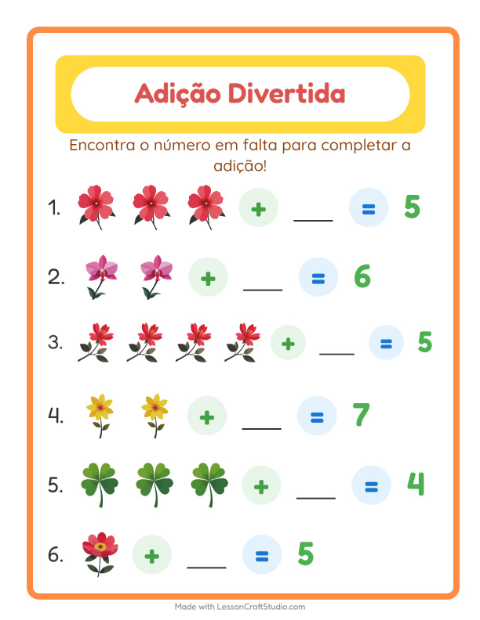 Pré-visualização da ficha de Adição com Flores para Educação infantil (pré-escola, 5-7 anos)