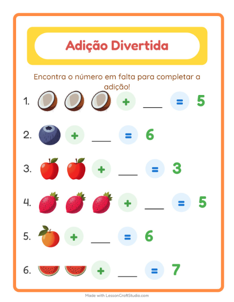 Pré-visualização da ficha de Adição com Frutas para Educação infantil (pré-escola, 5-7 anos)