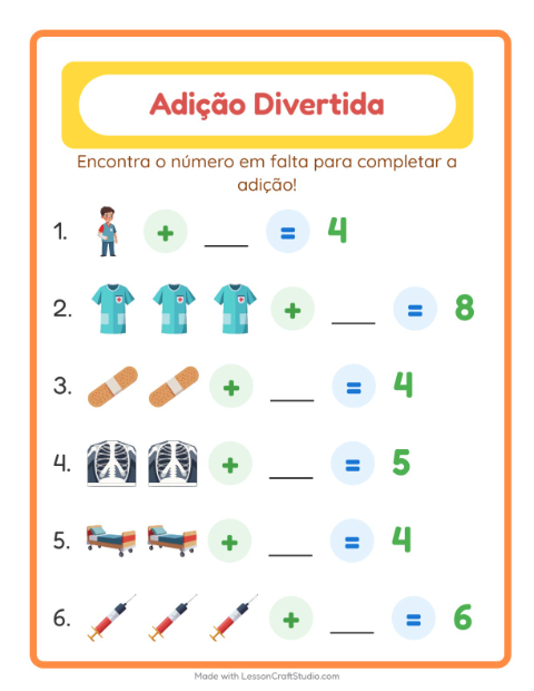 Pré-visualização da ficha de Adição com Hospital para Educação infantil (pré-escola, 5-7 anos)