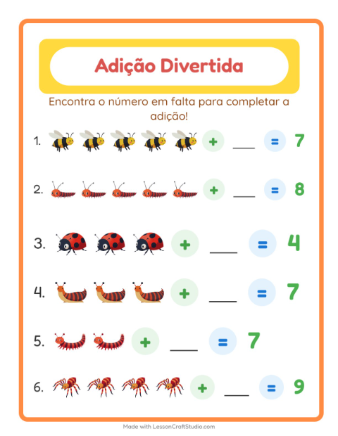 Pré-visualização da ficha de Adição com Insetos e bichos para Educação infantil (pré-escola, 5-7 anos)