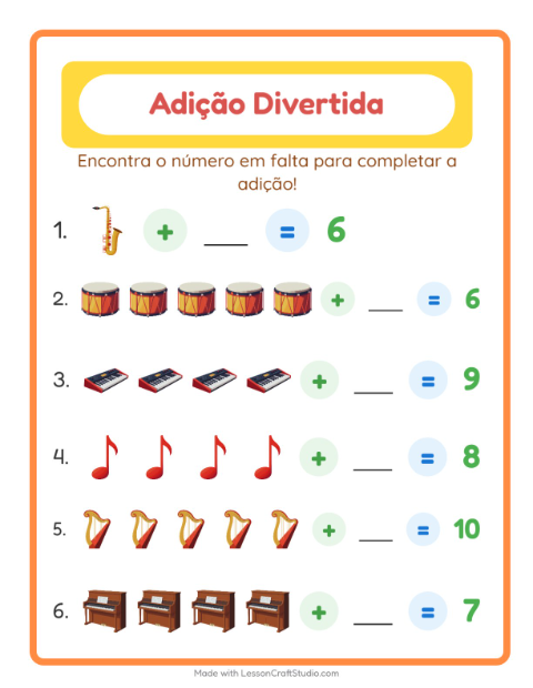 Pré-visualização da ficha de Adição com Música para Educação infantil (pré-escola, 5-7 anos)
