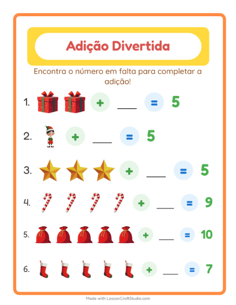 Pré-visualização da ficha de Adição com Natal para Educação infantil (pré-escola, 5-7 anos)
