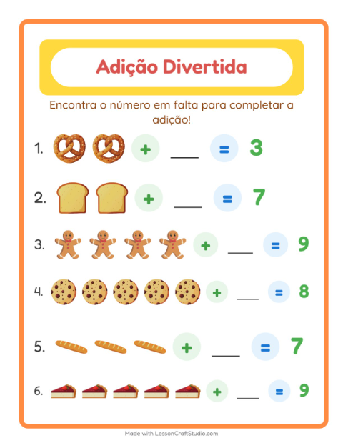 Pré-visualização da ficha de Adição com Padaria para Educação infantil (pré-escola, 5-7 anos)