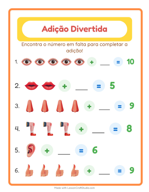 Pré-visualização da ficha de Adição com Partes do corpo para Educação infantil (pré-escola, 5-7 anos)