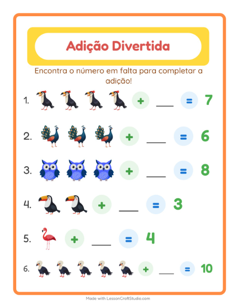Pré-visualização da ficha de Adição com Pássaros para Educação infantil (pré-escola, 5-7 anos)