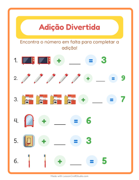 Pré-visualização da ficha de Adição com Pela casa para Educação infantil (pré-escola, 5-7 anos)