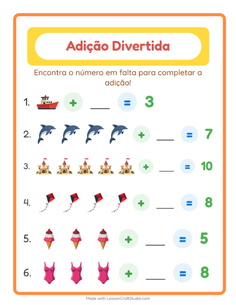 Pré-visualização da ficha de Adição com Praia para Educação infantil (pré-escola, 5-7 anos)