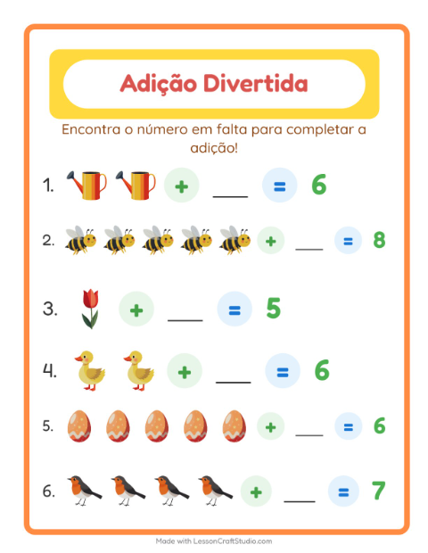 Pré-visualização da ficha de Adição com Primavera para Educação infantil (pré-escola, 5-7 anos)