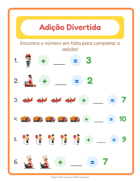 Pré-visualização da ficha de Adição com Profissões para Educação infantil (pré-escola, 5-7 anos)