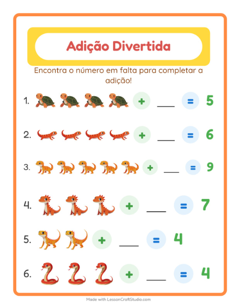 Pré-visualização da ficha de Adição com Répteis e anfíbios para Educação infantil (pré-escola, 5-7 anos)
