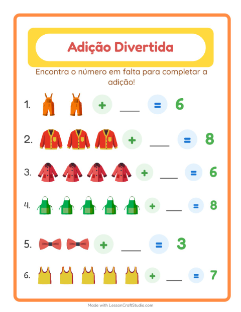 Pré-visualização da ficha de Adição com Roupas para Educação infantil (pré-escola, 5-7 anos)