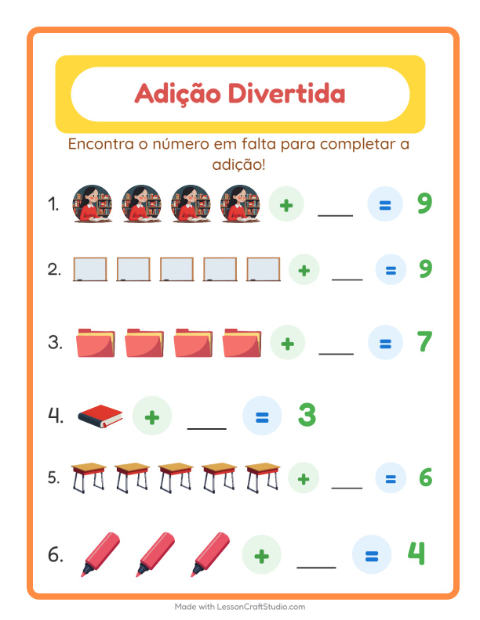 Pré-visualização da ficha de Adição com Sala de aula para Educação infantil (pré-escola, 5-7 anos)