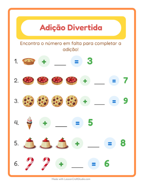 Prévia: Ache o número que falta na adição com Sobremesas e doces – atividade para o 1º ano