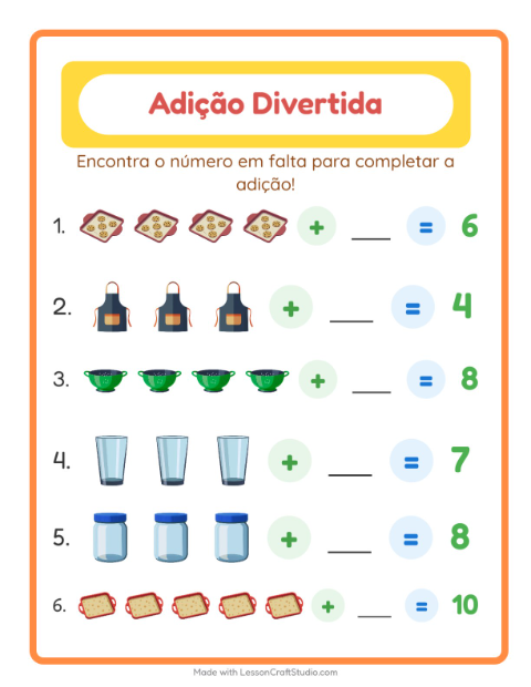 Pré-visualização da ficha de Adição com Utensílios de cozinha para Educação infantil (pré-escola, 5-7 anos)