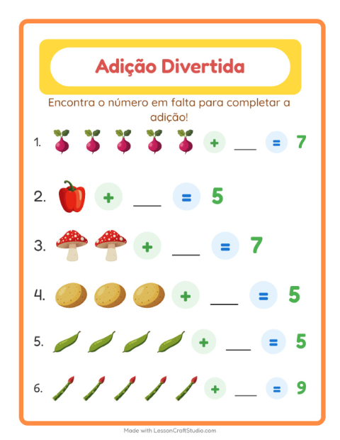 Pré-visualização da ficha de Adição com Vegetais para Educação infantil (pré-escola, 5-7 anos)