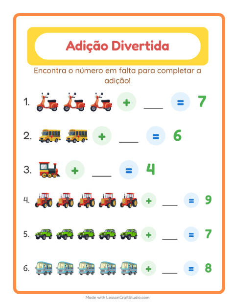Pré-visualização da ficha de Adição com Veículos para Educação infantil (pré-escola, 5-7 anos)