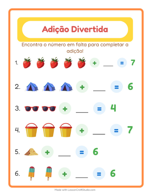 Pré-visualização da ficha de Adição com Verão para Educação infantil (pré-escola, 5-7 anos)