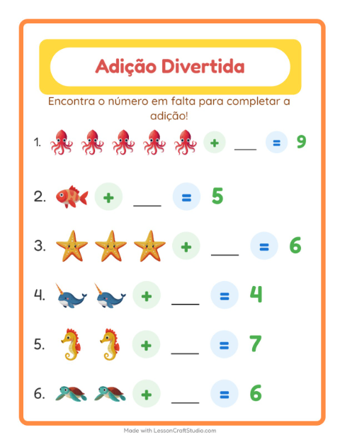 Pré-visualização da ficha de Adição com Vida marinha para Educação infantil (pré-escola, 5-7 anos)