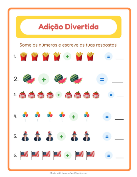 Pré-visualização da ficha de Adição com 4 de Julho para Educação infantil (pré-escola, 5-7 anos)