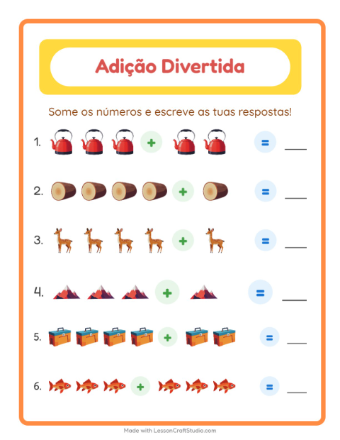 Pré-visualização da ficha de Adição com Acampamento para Educação infantil (pré-escola, 5-7 anos)