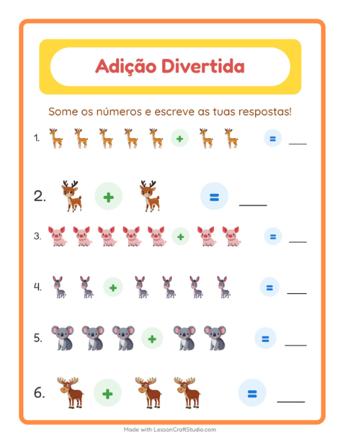 Pré-visualização da ficha de Adição com Animais para Educação infantil (pré-escola, 5-7 anos)