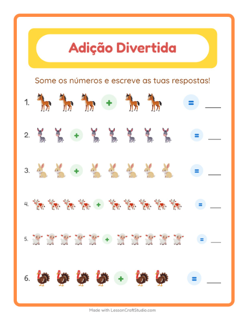 Pré-visualização da ficha de Adição com Animais da fazenda para Educação infantil (pré-escola, 5-7 anos)