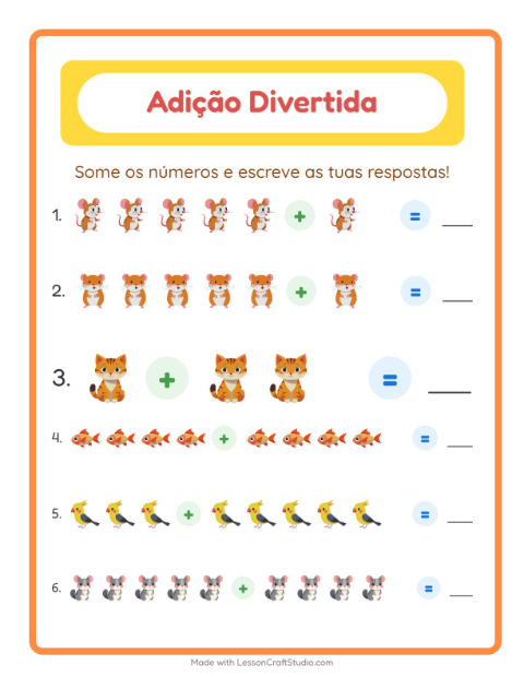 Pré-visualização da ficha de Adição com Animais de estimação para Educação infantil (pré-escola, 5-7 anos)