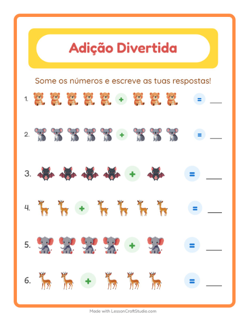 Pré-visualização da ficha de Adição com Animais do zoológico para Educação infantil (pré-escola, 5-7 anos)