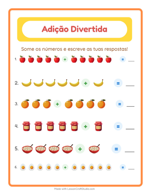 Pré-visualização da ficha de Adição com Café da manhã para Educação infantil (pré-escola, 5-7 anos)