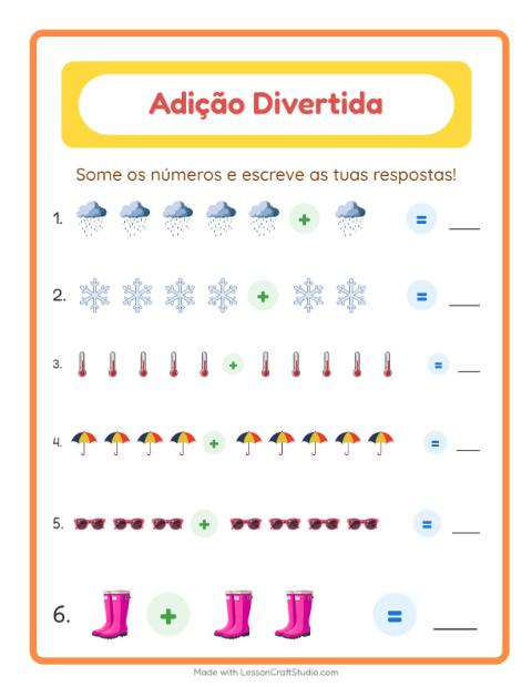 Pré-visualização da ficha de Adição com Clima para Educação infantil (pré-escola, 5-7 anos)