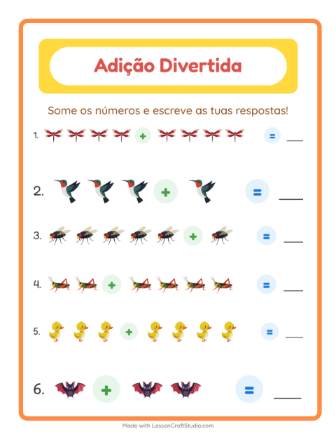 Pré-visualização da ficha de Adição com Coisas que voam para Educação infantil (pré-escola, 5-7 anos)