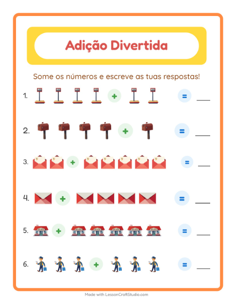Pré-visualização da ficha de Adição com Correios para Educação infantil (pré-escola, 5-7 anos)